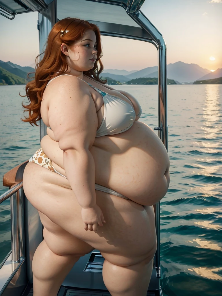 A Sideview photo of a Beautiful ginger BBW, with long wavy light Brownish-ginger hair, freckled body with big soft fat belly, thicc fat arms, thicc wide legs, small breasts, lot of freckles on arms, in a tight bikini standing on a Yacht looking to the water in a lake watching the sunset behind the hills