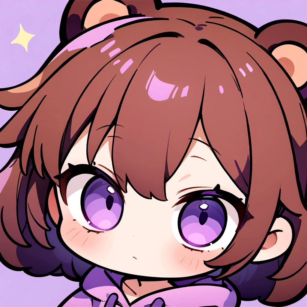 Brown Hair、Wearing a bear hood、Wearing a bear ear hoodie、Chibi Character、Brown Hairロングヘアー、(masterpiece, best quality:1.2), An illustration、Purple solid background、Purple Eyes