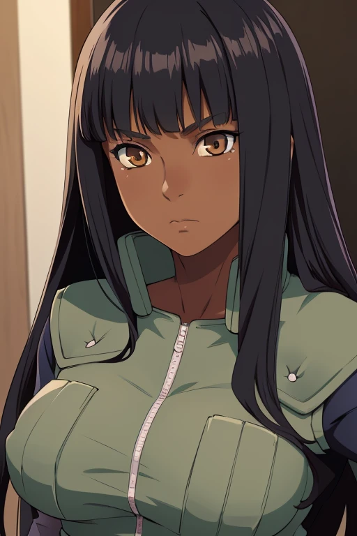 masterpiece, (solo), absurdres, portrait, ((upper body)), detailed background, fine detail, HDR, female, shine dark skin, bangs, black hair, long hair, messy hair, neutral expression,shine Brown eyes, big breasts, fullbody
