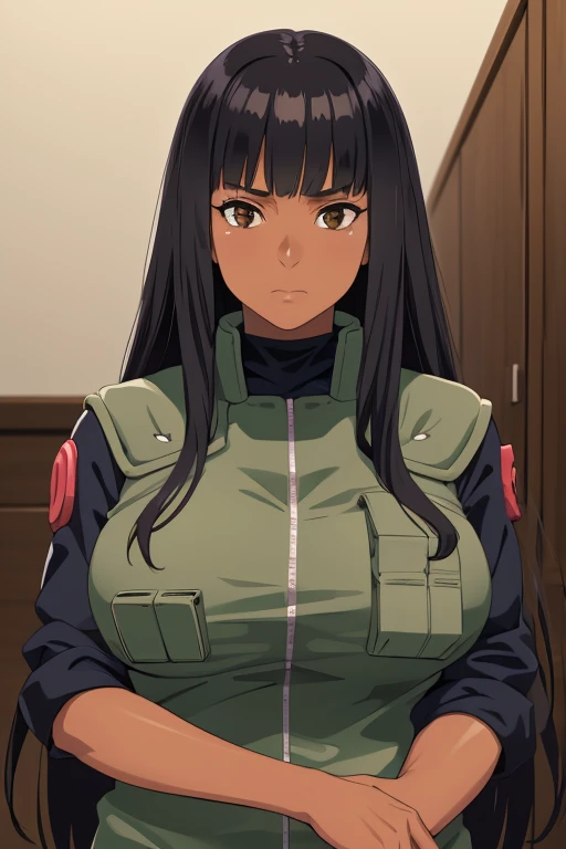 masterpiece, (solo), absurdres, portrait, ((upper body)), detailed background, fine detail, HDR, female, shine dark skin, bangs, black hair, long hair, messy hair, neutral expression,shine Brown eyes, big breasts, fullbody
