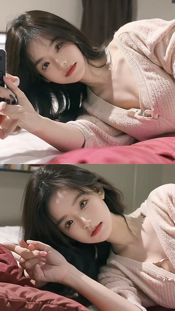 Lying on the bed,Lying on the bed自拍,,Woman taking selfie with mobile phone,Selfie angle,Selfie angle,Selfie camera viewing angle,Lying on the bed向后Photograph,Photograph, Lying on the bedPhotograph,Wearing underwear,Selfie angle,detail,high quality
