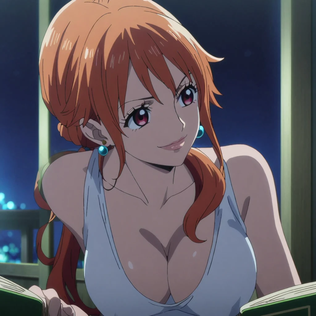 1girl, female nami, anime screencap from one piece, nami female version, solo, Red eyes ((Red_hair) ((hair twisted updo)), night view, (hanging breasts) upper_body, smile, indoors, book, red_eyes, lips, (elegant hairstyle, loose tendrils) ((wearing shirt)) breast, "very detailed and high resolution" (Red eyes) ((solo)) (front view) (earings) ((high resolution)) ((good quality)) ((low ponytail)) ((full body)) 