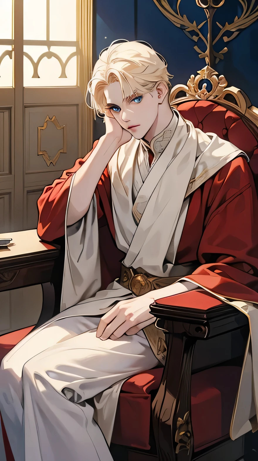 Best quality,a man with pale blond hair and snow white skin is sitting on a throne in a empty throne room the man has blue eyes and is wearing a red robe the man is slightly muscular but mostly skinny the man is sitting on the throne a hint of sunlight touches his face seeing only a glimmer of his beauty the man sits on the throne with a elegant yet bored expression the man is resting his head on his hand in a dominant position,the man his wearing a luxurious Gordon Crown,