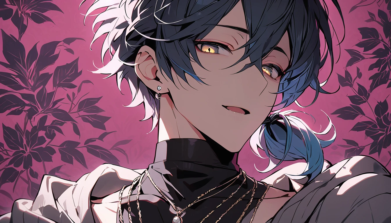 ((((best masterpiece, best quality, wallpaper,)))) solo, guy, male body, small muscles, flat chest, 1male, 30 years old, handsome man, dramatic angle, upper body, looking at viewers, beautiful detailed, seductive smile, mediumturquoise hair, ((((Lower short ponytail)))), asymmetrical bangs, ((short hair,)) ((( jitome, gold eyes, ^o^, tareme, droopy eyes,))) (((perfect face, extremely detailed eyes,))) perfect hands, sharp nose, clear face, black turtleneck, grey cardigan, ((silver piercing, pendant,)) leggings, pink background color ultrasharp, 8K, masterpiece,