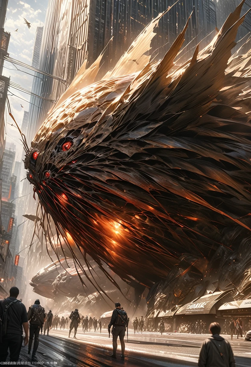 Ultra-high definition 3dCG concept art,A realistic cicada android is rampaging through the city,The cicada android is ultra-realistic, wings giving off an eerie light with a holographic effect.The body of the bear cicada is a creepy, black-toned machine.They fly dynamically in large swarms across the city's skies as if they own the place, making for an eerie sight.The background of a destroyed city makes it seem like a scene from a movie.Collapsing buildings, exploding cars and buildings,Dark clouds hang over us, telling of fear.A dynamic composition of a swarm of cicadas swarming towards the camera.Realistic, ultra-realistic,(Ultra high quality, ultra high definition, masterpiece, masterpiece, 16k:1.5)Ultra detail,Cinematic lighting, physically based lettering, professional photography resolution,Ultra-fine painting,android