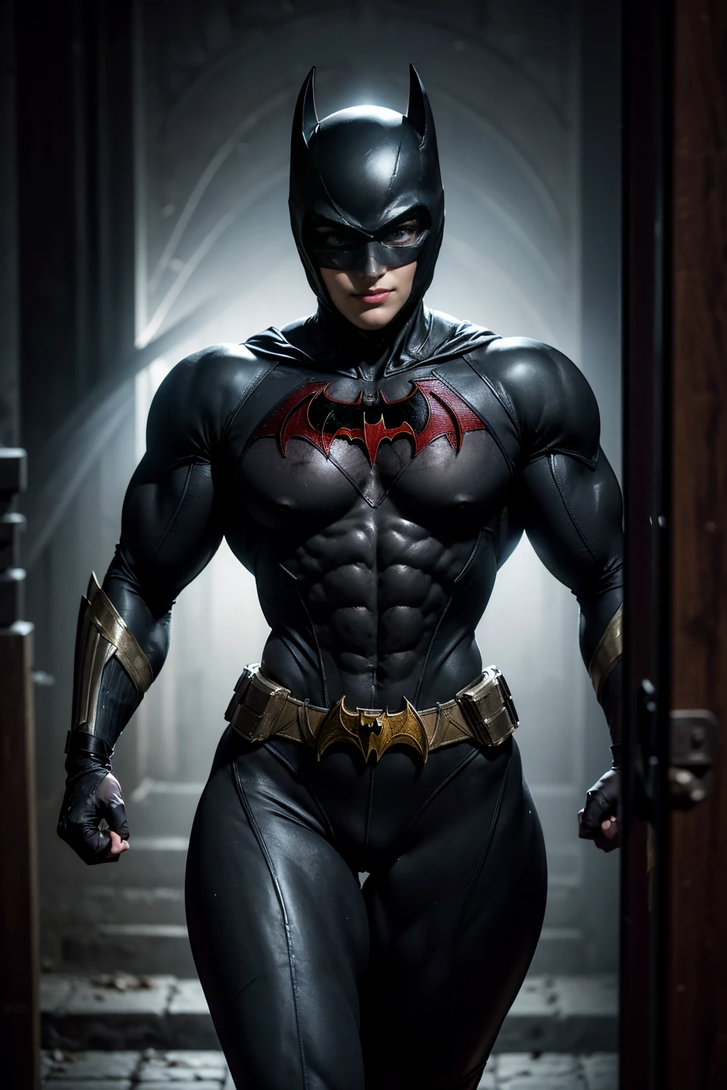 (Muscular:2.4), (thick thighs:1.2), (large round breasts:1), (large muscular chest and shoulders:1), FEMALE, blonde hair, long blonde hair, (big smile:1), (wearing tight sexy black Batwoman suit:1.6), looking at viewer, (three quarter view:1.3), upper body view, (dark gothic city at night:1.5), (dark lighting:2), detailed skin, detailed eyes, (clean skin:1.5), (very thin waist:1.6), (huge body muscles:1.8), (one protagonist:1.5),