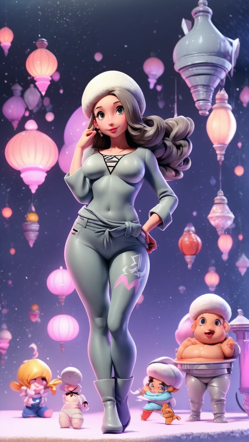 A girl from Russia, Asian, sexy, beautiful, cute, big breast, long wavy dark blonde hair, her round gray eye, thin eyelash, black pink lip, soft cheeks, she dresses in a dark gray top, long sleeves, shows a navel and a pair of short gray pants, a pair of polar blue socks, a black snow boot.
