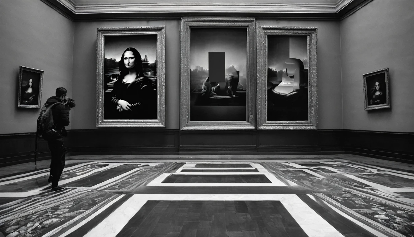 "Create a cinematic, grayscale, high-definition image for a YouTube thumbnail depicting the theft of the Mona Lisa. In the foreground, feature a realistic, detailed image of a thief wearing a balaclava, with only their eyes visible. The thief should be looking directly at the viewer, creating a sense of intrigue and tension. Behind the thief, in the background but clearly visible, showcase the Mona Lisa painting, illuminated by soft, dramatic lighting that highlights its details. The setting should suggest the Louvre Museum, with subtle architectural elements. Use professional lighting to create depth, with shadows enhancing the dramatic effect. The overall composition should be designed to capture attention, with the text overlay 'The Great Mona Lisa Heist' in bold, elegant font placed strategically to ensure readability without obstructing key visual elements."