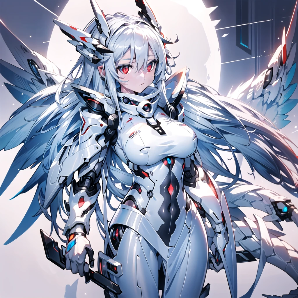 masterpiece, highest quality, highest resolution, clear_image, detailed details, White hair, long hair, cat ears, 1 girl, red eyes, sci-fi dress, white scarf (white scarf around the neck with a light blue glow), gray futuristic halo (gray halo over the head), white wings (6 wings), cute, full body, no water marks, snow, normal ears. white dragon