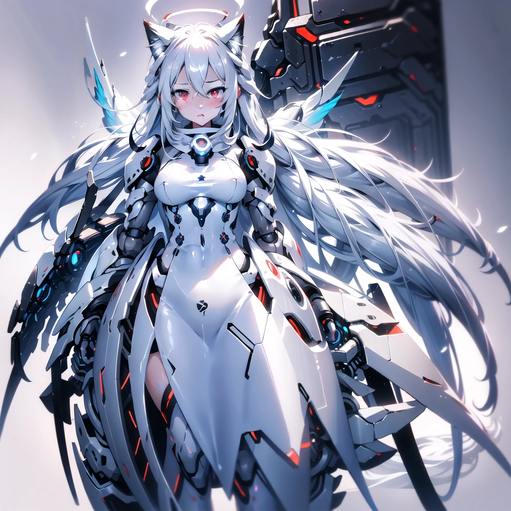 masterpiece, highest quality, highest resolution, clear_image, detailed details, White hair, long hair, cat ears, 1 girl, red eyes, sci-fi dress, white scarf (white scarf around the neck with a light blue glow), gray futuristic halo (gray halo over the head), white wings (6 wings), cute, full body, no water marks, snow, normal ears. white dragon