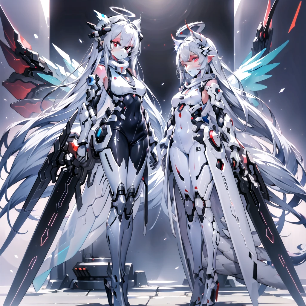 masterpiece, highest quality, highest resolution, clear_image, detailed details, White hair, long hair, cat ears, 1 girl, red eyes, sci-fi dress, white scarf (white scarf around the neck with a light blue glow), gray futuristic halo (gray halo over the head), white wings (6 wings), cute, full body, no water marks, snow, normal ears. white dragon
