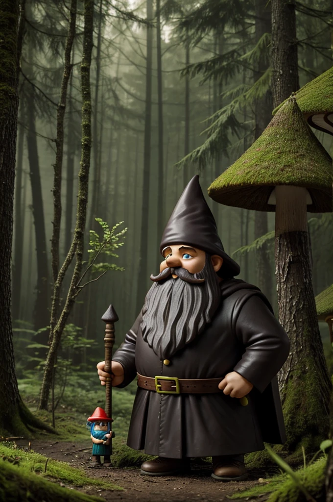 A dark lime gnome with a beard and a staff in a gloomy forest next to a mushroom house