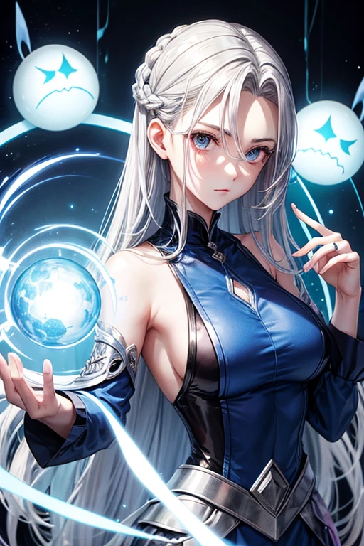 Reverse Magic Circle、Strange Eyes 、A hairstyle in which the entire hair is slicked back、Strange Eyes、Strange Eyes、Silver hair back、male、Her hair is shoulder-length、Strange Eyealeの左目赤色、male右目青、Increase the wide angle、Clear Eyes、White and blue suit
