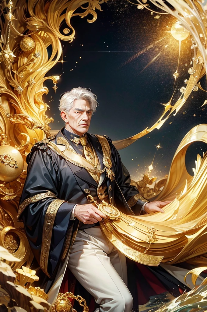 "Creating a surreal image:A handsome 82-year-old man holds a golden wand that exudes the essence of an ocean of money. He should be dressed elegantly., Deep depicts him surrounded by gold coins, Like cascading waves, Glittering gold ingots, and ocean colors, Showing his control over the money. Add a unique gold symbol on his body, Symbolizes his role as the guardian of the gold coin,And reflects the strong, The dynamic energy he possesses."