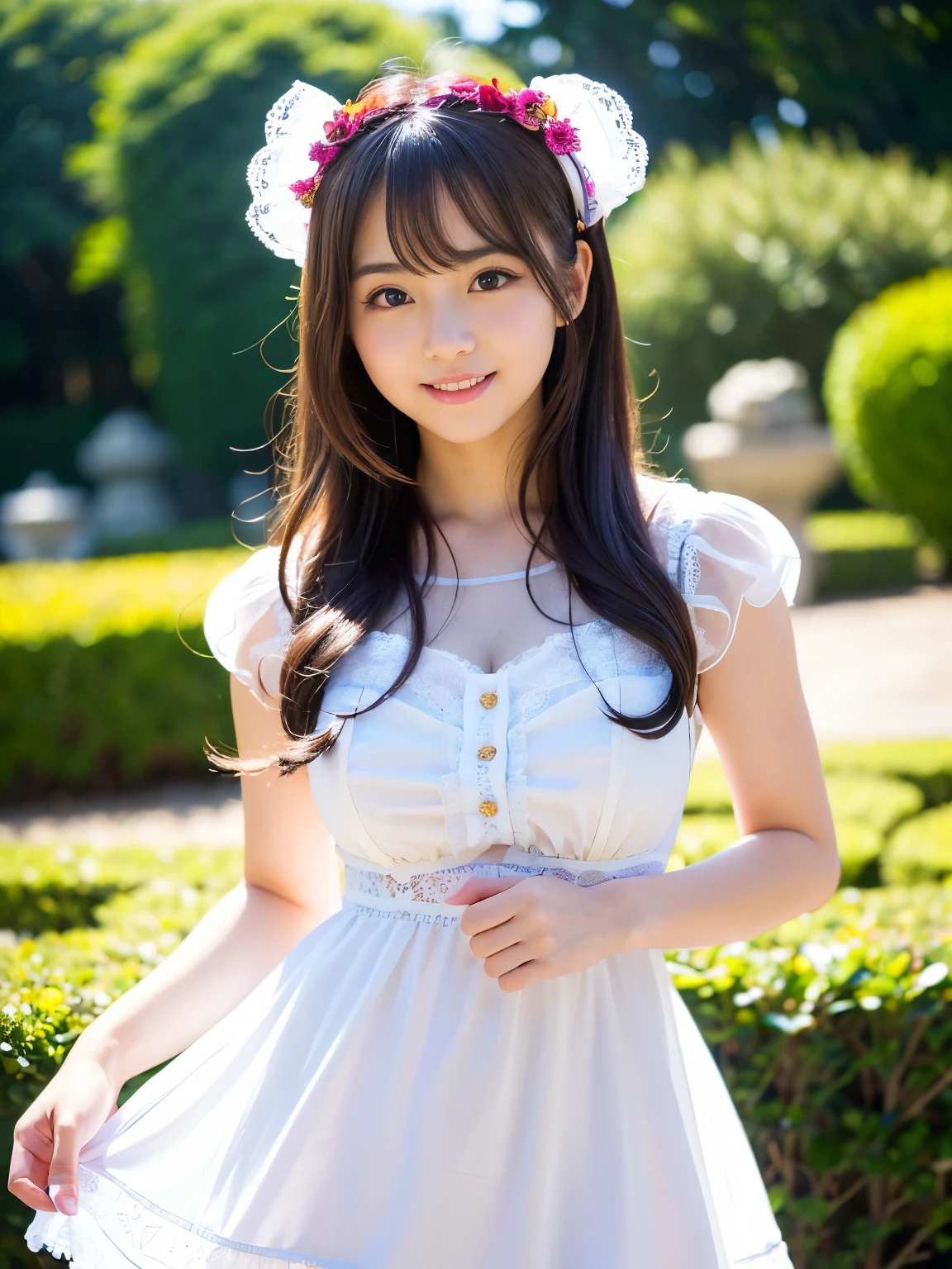 (Best-quality, Masterpiece, Ultra-High-Resolution, (Photorealistic:1.4), Raw Photo, depth of field, professional lighting, perfect anatomy, extremely details), 1girl, -yeld, thost famous Japanese idol, running on flower-garden, (cowboy shot, dynamic pose, dramatic angle), ((wearing extremely cute-frilly and extremely cute-lacy dress with cute-design)), (extremely cute and extremely childish face like the most popular Japanese idol,((extremely cute and extremely big eyes)), extremely beautiful hair, ((extremely beautiful skins)), extremely cute long-eyelashes, extremely cute lips, short body, extremely cute thighs), looking at viewer, (innocent smile)