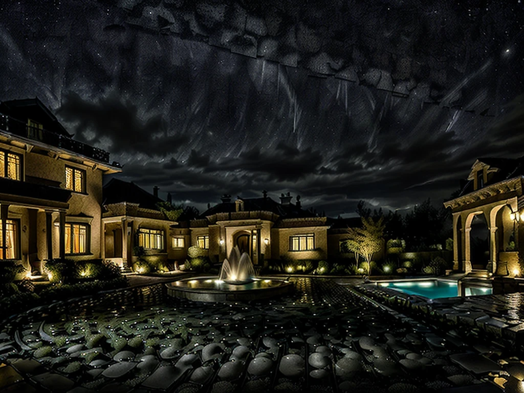 (((Masterpiece))), (high quality),(A small, dark mansion,One-storey:1.5),(Darkness is spreading,There is no light at all:1.5),(Cobblestone garden,Broken fountain:1.5),Late Night,Starry Sky,There is no one here,(Long Shot,Photograph the entire Western-style building:1.2)