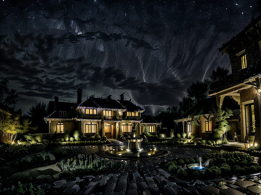 (((Masterpiece))), (high quality),(A small, dark mansion,One-storey:1.5),(Darkness is spreading,There is no light at all:1.5),(Cobblestone garden,Broken fountain:1.5),Late Night,Starry Sky,There is no one here,(Long Shot,Photograph the entire Western-style building:1.2)