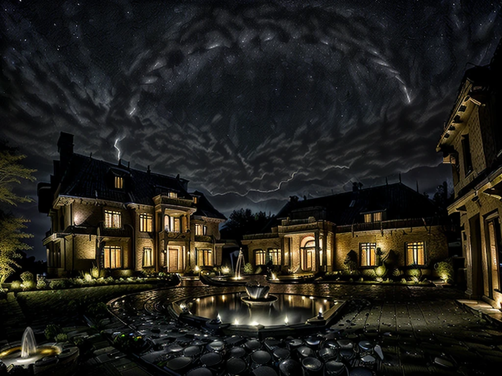 (((Masterpiece))), (high quality),(A small, dark mansion,One-storey:1.5),(Darkness is spreading,There is no light at all:1.5),(Cobblestone garden,Broken fountain:1.5),Late Night,Starry Sky,There is no one here,(Long Shot,Photograph the entire Western-style building:1.2)