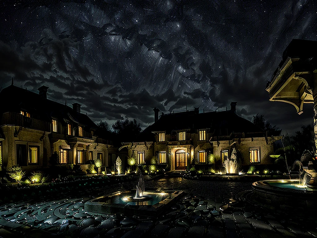 (((Masterpiece))), (high quality),(A small, dark mansion,One-storey:1.5),(Darkness is spreading,There is no light at all:1.5),(Cobblestone garden,Broken fountain:1.5),Late Night,Starry Sky,There is no one here,(Long Shot,Photograph the entire Western-style building:1.2)