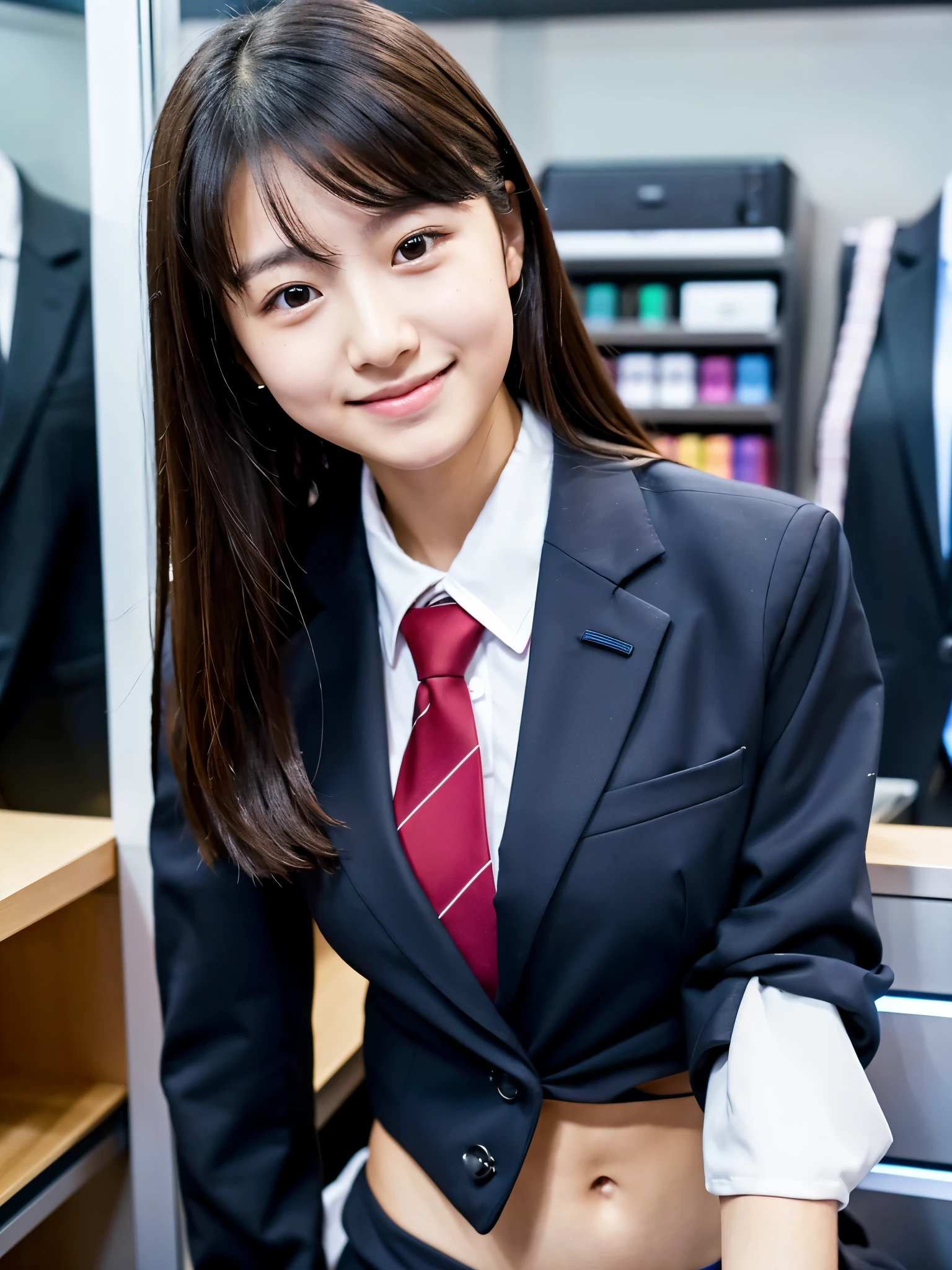 masterpiece、超High resolution、She is very cute and young like an idol...々Cute 18 year old business woman、((She is about the height of a middle school student.))、Gentle and cute、A kind smile、(((She is in a bikini)))、Medium Bust、Working in an office with a business desk in a building ((He is having a conversation with a male employee wearing a suit.)). whole body、RAW Photos、Genuine、High resolution、Live Action