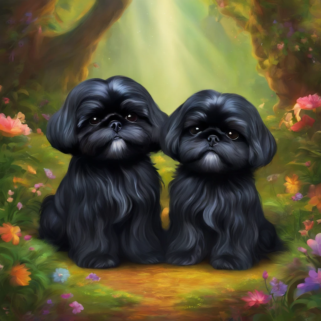 2 Adorable small black Shih Tzu puppies Pixar 3D cartoon
