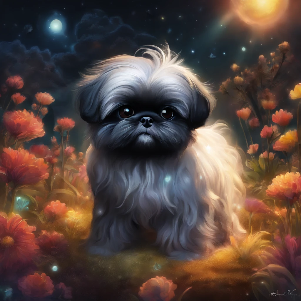 2 Adorable small black Shih Tzu puppies Pixar 3D cartoon