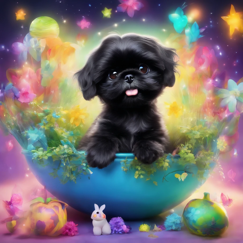 2 Adorable small black Shih Tzu puppies Pixar 3D cartoon