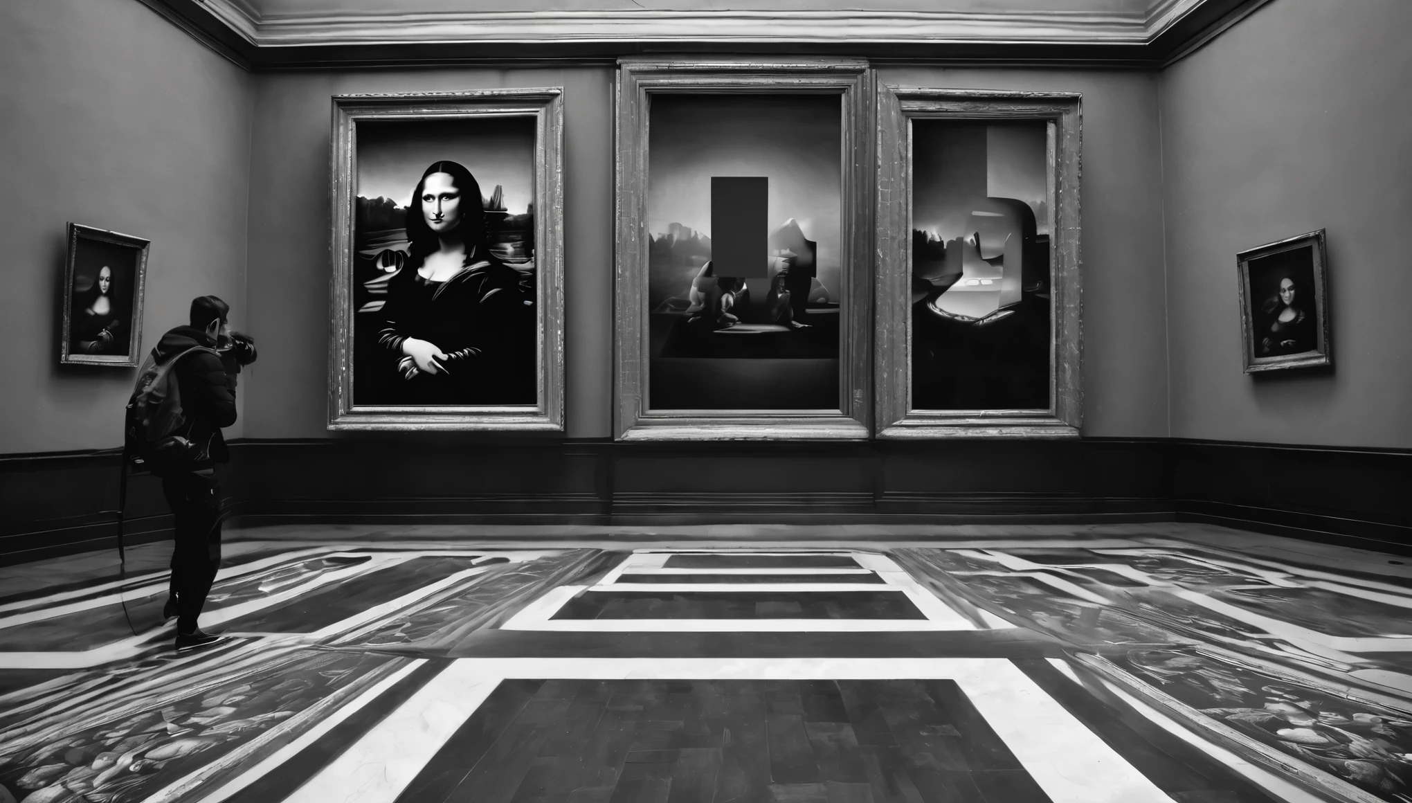 
"Create a cinematic, grayscale, high-definition image for a YouTube thumbnail depicting the theft of the Mona Lisa. In the foreground, feature a realistic, detailed image of a thief wearing a balaclava, with only their eyes visible. The thief should be looking directly at the viewer, creating a sense of intrigue and tension. Behind the thief, in the background but clearly visible, showcase the Mona Lisa painting, illuminated by soft, dramatic lighting that highlights its details. The setting should suggest the Louvre Museum, with subtle architectural elements. Use professional lighting to create depth, with shadows enhancing the dramatic effect. The overall composition should be designed to capture attention, with the text overlay 'The Great Mona Lisa Heist' in bold, elegant font placed strategically to ensure readability without obstructing key visual elements."