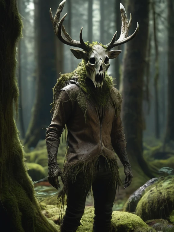 full body portrait of scary monster made of wood,  leshen, deer skull as a face, moss, clothes made from human skin, wolf as pet,  dark mysterious forest scenery , fantasy, dark fantasy , mediaval, full body , cinematic, render , 8k, unreal engine, realistic, masterpiece, high detail, full body , sci-fi, low life, volumetric lighting