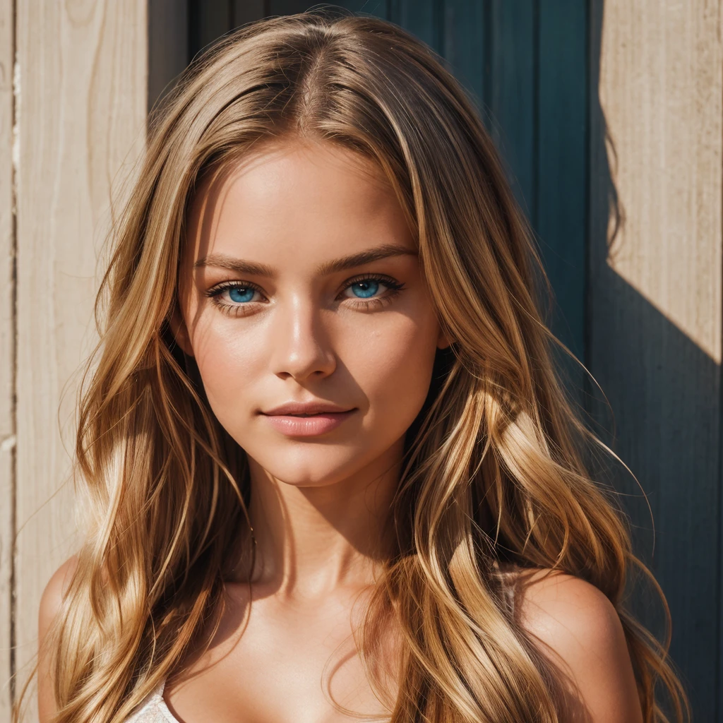 Coloration blonde, yeux marron, nez en trompette, teint rouge, tache de rousseurs, very long hair, jeune, avec une frange rideaux, cil long, beau sourire