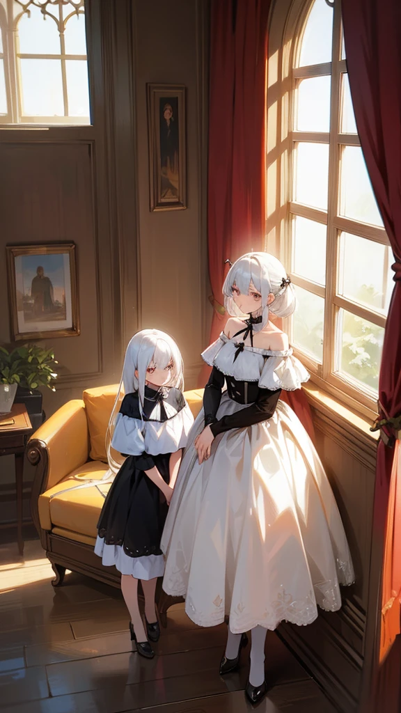 1 with white hair,standing by the window,Wearing an off-the-shoulder outfit, 2 sisters with black hair,Sit and watch,