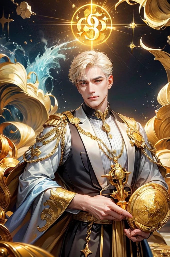 "Creating a surreal image:A handsome 82-year-old man holds a golden wand that exudes the essence of an ocean of money. He should be dressed elegantly., Deep depicts him surrounded by gold coins, Like cascading waves, Glittering gold ingots, and ocean colors, Showing his control over the money. Add a unique gold symbol on his body, Symbolizes his role as the guardian of the gold coin,And reflects the strong, The dynamic energy he possesses."