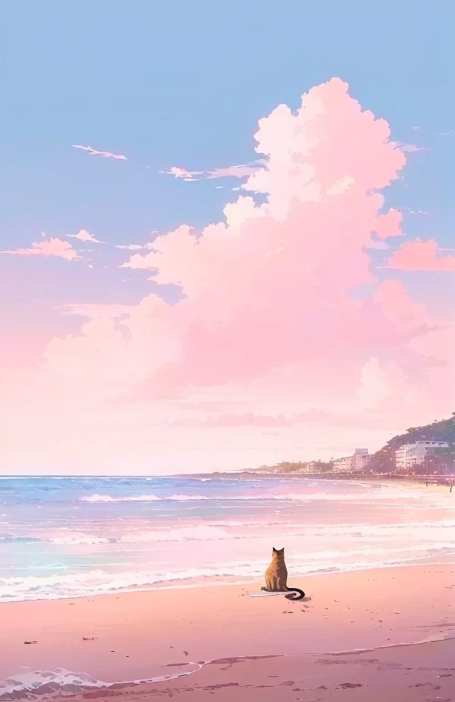 A cat is sitting on the beach looking at the water, Anime Background, scenery wallpaper aesthetic, Beautiful iPhone Wallpapers, Anime Background art, Overlooking the pink ocean, Beach Aesthetics, Amazing wallpapers, Wallpaper HD beautiful, Anime beautiful peaceful scene, beautiful Anime Landscape, wallpaper aesthetic, Anime Landscape壁纸, Anime Landscape, Beautiful anime scene, Fluffy pink anime clouds