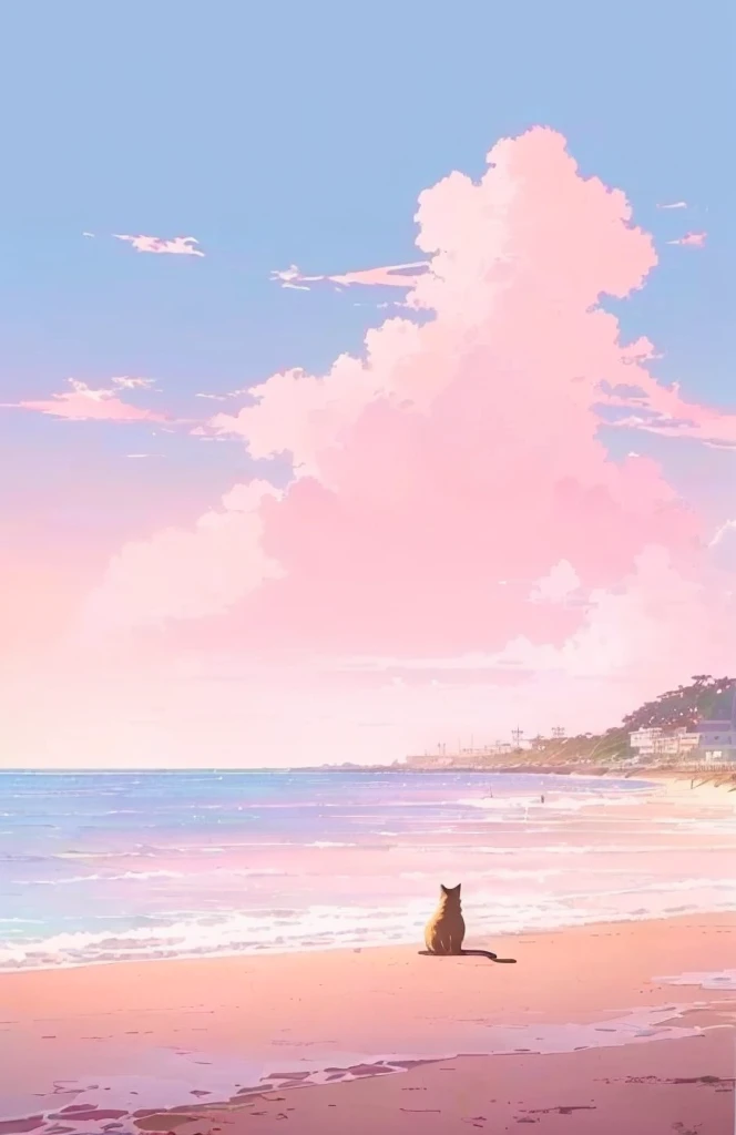 A cat is sitting on the beach looking at the water, Anime Background, scenery wallpaper aesthetic, Beautiful iPhone Wallpapers, Anime Background art, Overlooking the pink ocean, Beach Aesthetics, Amazing wallpapers, Wallpaper HD beautiful, Anime beautiful peaceful scene, beautiful Anime Landscape, wallpaper aesthetic, Anime Landscape壁纸, Anime Landscape, Beautiful anime scene, Fluffy pink anime clouds