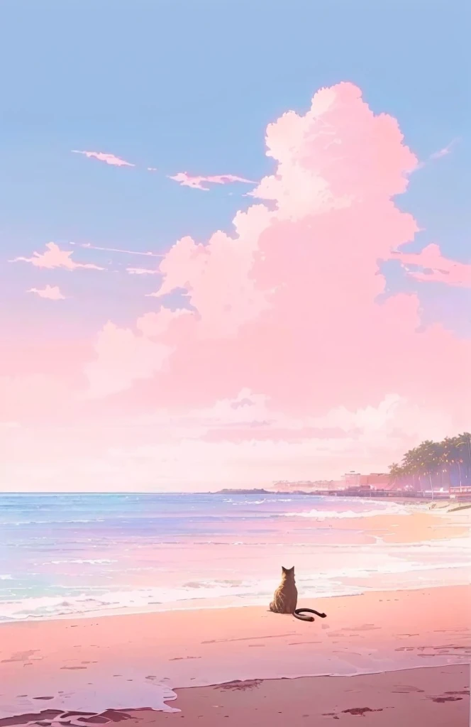 A cat is sitting on the beach looking at the water, Anime Background, scenery wallpaper aesthetic, Beautiful iPhone Wallpapers, Anime Background art, Overlooking the pink ocean, Beach Aesthetics, Amazing wallpapers, Wallpaper HD beautiful, Anime beautiful peaceful scene, beautiful Anime Landscape, wallpaper aesthetic, Anime Landscape壁纸, Anime Landscape, Beautiful anime scene, Fluffy pink anime clouds