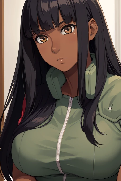 masterpiece, (solo), absurdres, portrait, ((upper body)), detailed background, fine detail, HDR, female, shine dark skin, bangs, black hair, long hair, messy hair, neutral expression,shine Brown eyes, big breasts, fullbody
Com um bebê 