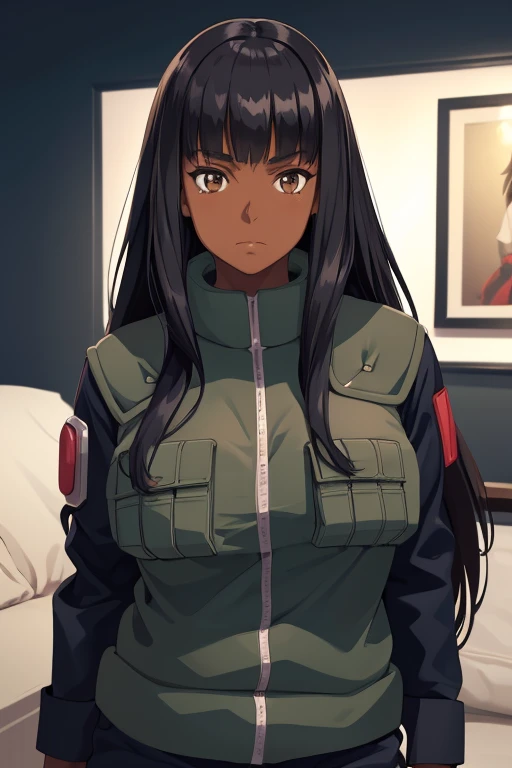 masterpiece, (solo), absurdres, portrait, ((upper body)), detailed background, fine detail, HDR, female, shine dark skin, bangs, black hair, long hair, messy hair, neutral expression,shine Brown eyes, big breasts, fullbody
Com um bebê 