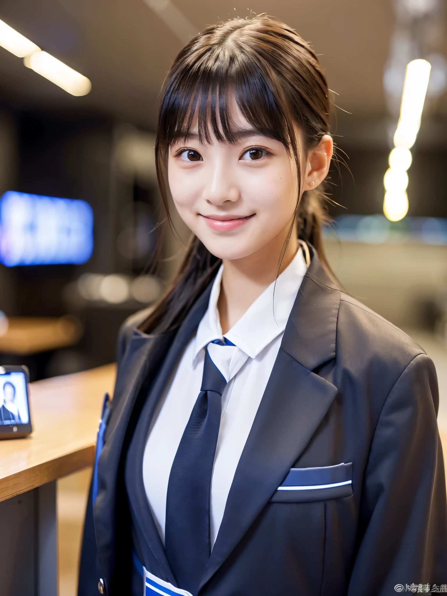 masterpiece、超High resolution、She is very cute and young like an idol...々Cute 18 year old business woman、Gentle and cute、A kind smile、(((She works in a bikini)))、((She is about the height of a middle school student.))、Medium Bust、Working in an office with a business desk in a building ((He is having a conversation with a male employee wearing a suit.)). whole body、RAW Photos、Genuine、High resolution、Live Action
