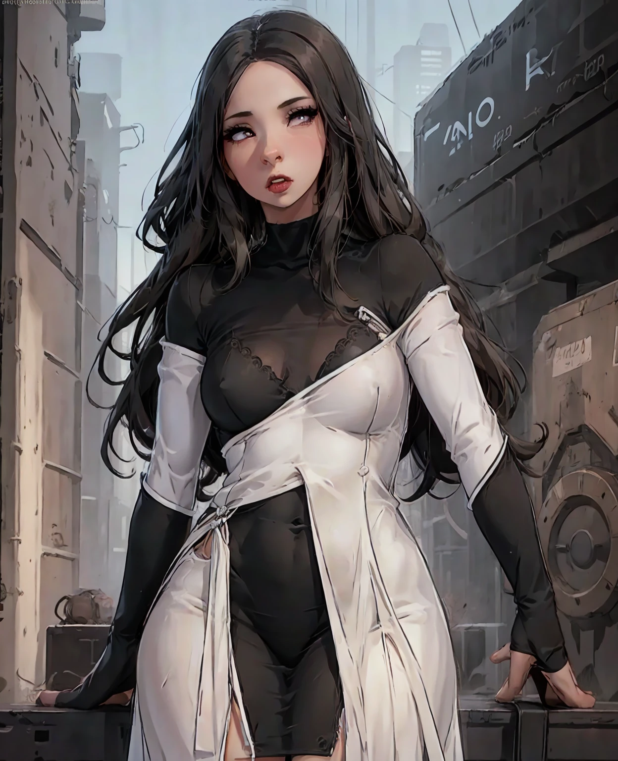 A beautiful girl with long dark hair, alluring gaze, full lips, flawless skin, wearing a tight black dress, standing in a dimly lit urban setting, neon lights in the background, cinematic lighting, moody, atmospheric, photorealistic, hyper detailed, 8k, high resolution