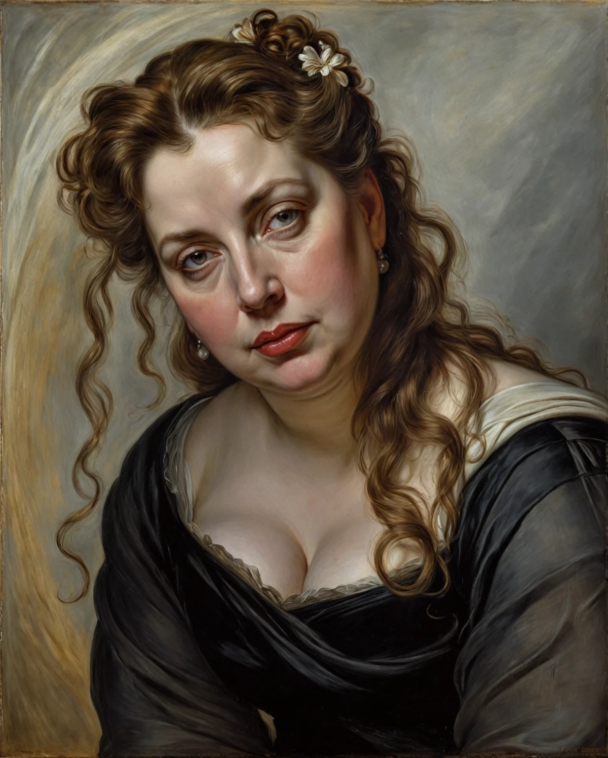 portrait painting of a thick Beautiful middle aged woman, extremely gorgeous, by Peter Paul Rubens, in Peter Paul Rubens style, by Caravaggio, intricate, flawless, masterpiece, Best quality, 