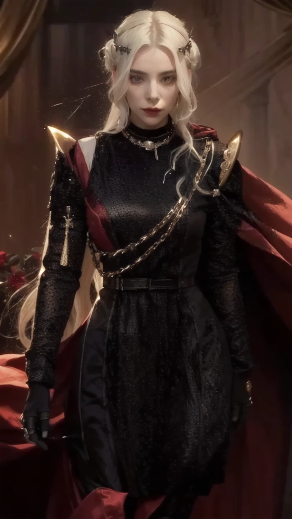 a woman in a black dress with a red cape and a chain around her neck, inspired by Li Chevalier, billie eilish as female loki, beautiful dark elf countess, metal chain and black cape, beautiful vampire female queen, lady gaga as harley queen, cate blanchett as medieval queen, dark fantasy female magician, maya ali as a d&d sorcerer