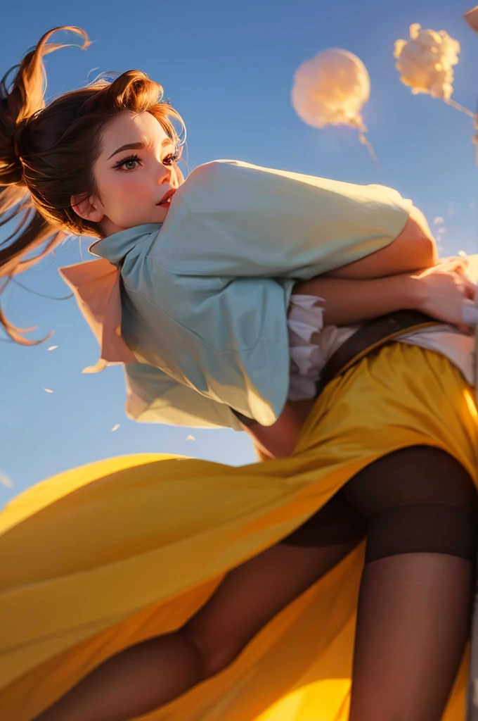 belle from beauty and the beast with wind blowing up her yellow dress