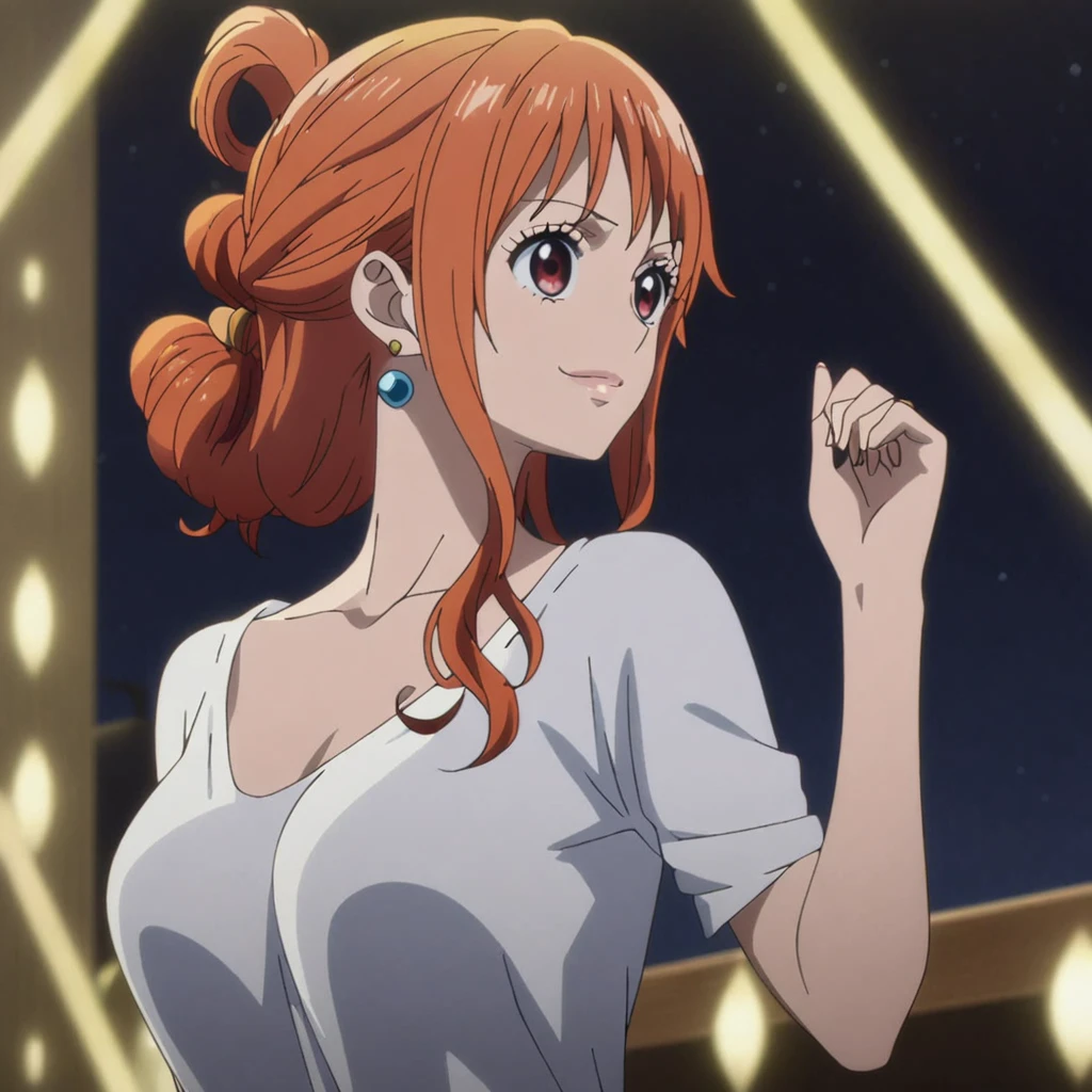 1girl, female nami, anime screencap from one piece, nami female version, solo, Red eyes ((Red_hair) ((hair twisted updo)), night view, (hanging breasts) upper_body, smile, indoors, book, red_eyes, lips, (elegant hairstyle, loose tendrils) ((wearing shirt)) breast, "very detailed and high resolution" (Red eyes) ((solo)) (front view) (earings) ((high resolution)) ((good quality)) ((elegant hairstyle)) (standing)