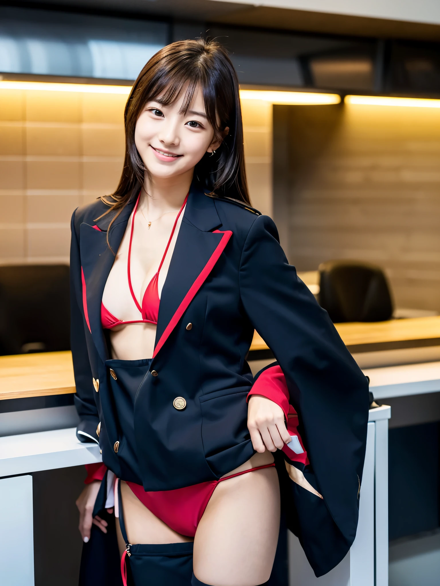 (((she is in a bikini)))、masterpiece、超High resolution、She is very cute and young like an idol...々Cute 18 year old business woman、((She is about the height of a .))、Gentle and cute、A kind smile、Medium Bust、Working in an office with a business desk in a building　((He is having a conversation with a male employee wearing a suit.)).　whole body、RAW Photos、Genuine、High resolution、Live Action