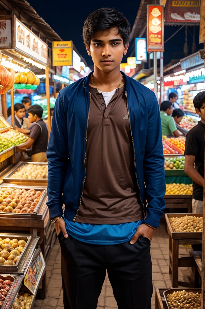 Replace the background with another background of an Indian city market in evening sky with complex details of shops and people, make it like an avatar of teen boy, try that the face will look real and similar to the given image so that anyone can recognise, change the outfit in the given image to another outfit