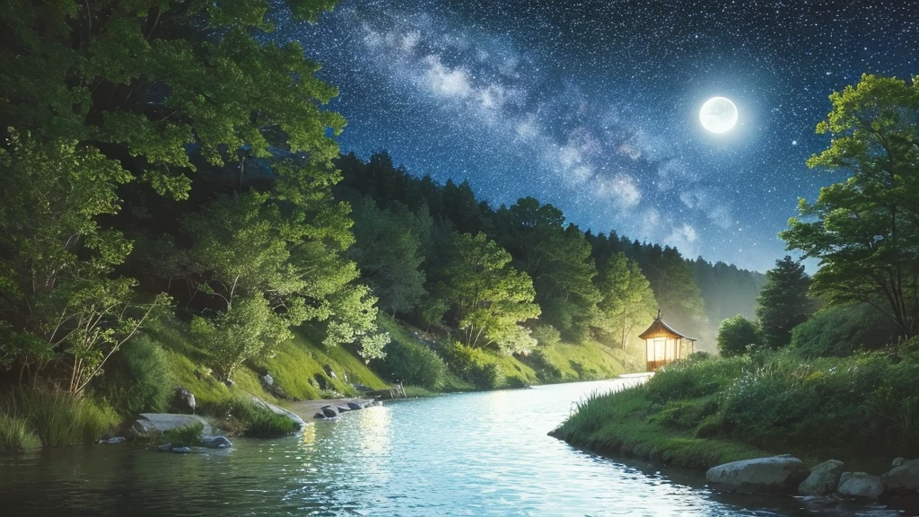 small river in night with moon and a lot of stars, newborn ??? sleeping