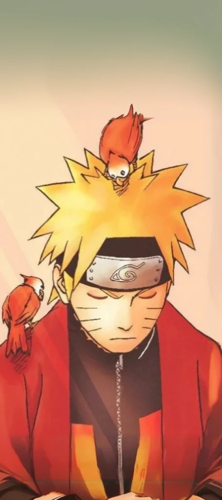 a closeup of a person with a bird on his head, naruto art style, Naruto Uzumaki, Naruto Uzumaki costume sage mode is a funny charismatic character he wears an original costume and a red cape he is meditating with his hands bumping two fists and raw legs sitting he is wearing black sandals Nine tails, Ryuu, cheered up style”, itachi uchiha, cheered up!!!!, arte the fan, cheered up!!! Naruto Uzumaki expands original clothing and background