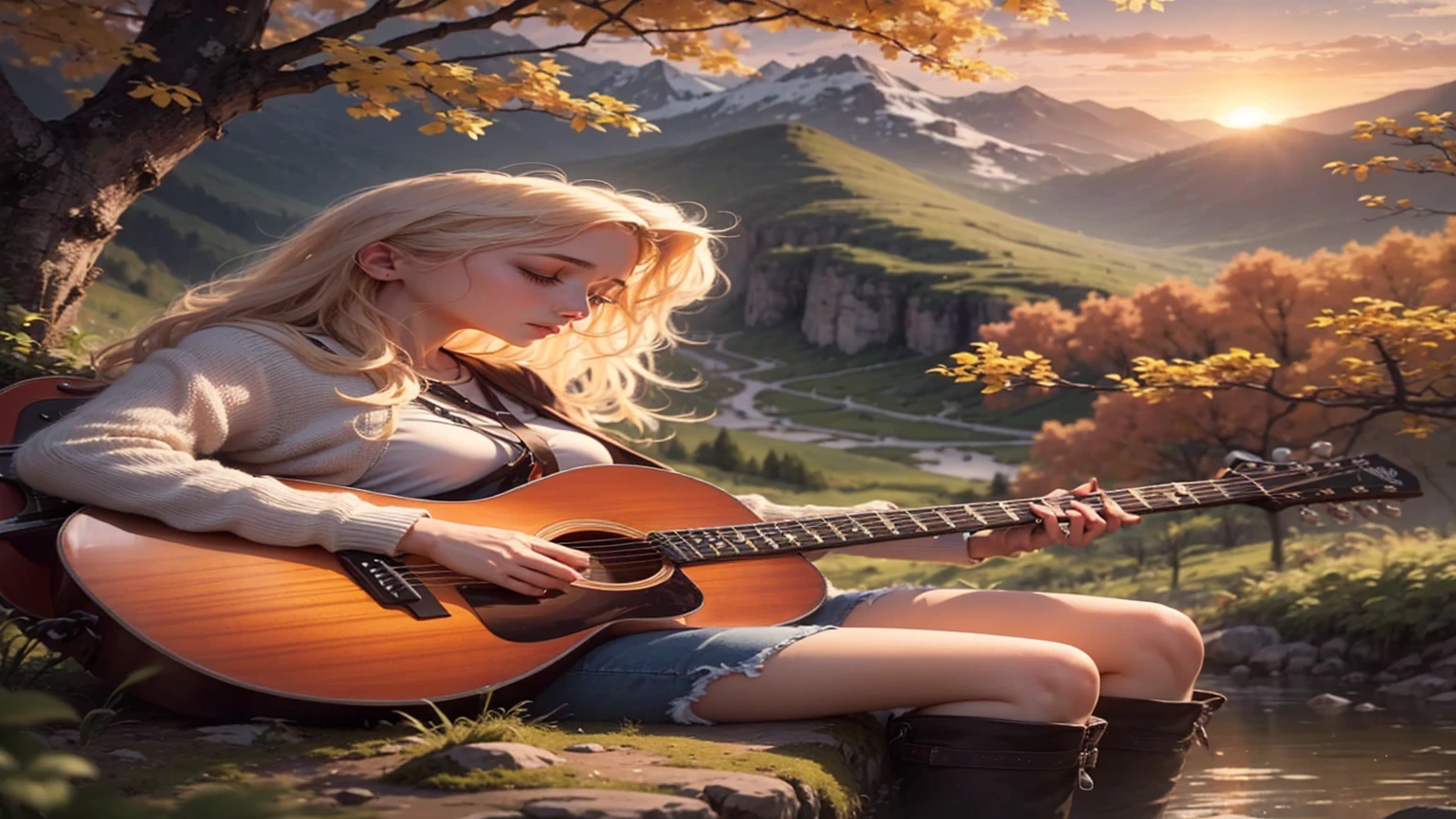 You pick up your guitar and start playing a few notes, Hear the sound echoing in the mountains around you. You feel calm and at peace with the nature around you. When you play, The sun is starting to set, Bathing the landscape in shades of orange and red. This is an unforgettable moment, You will be grateful for the opportunity to see so much natural beauty. --automatic