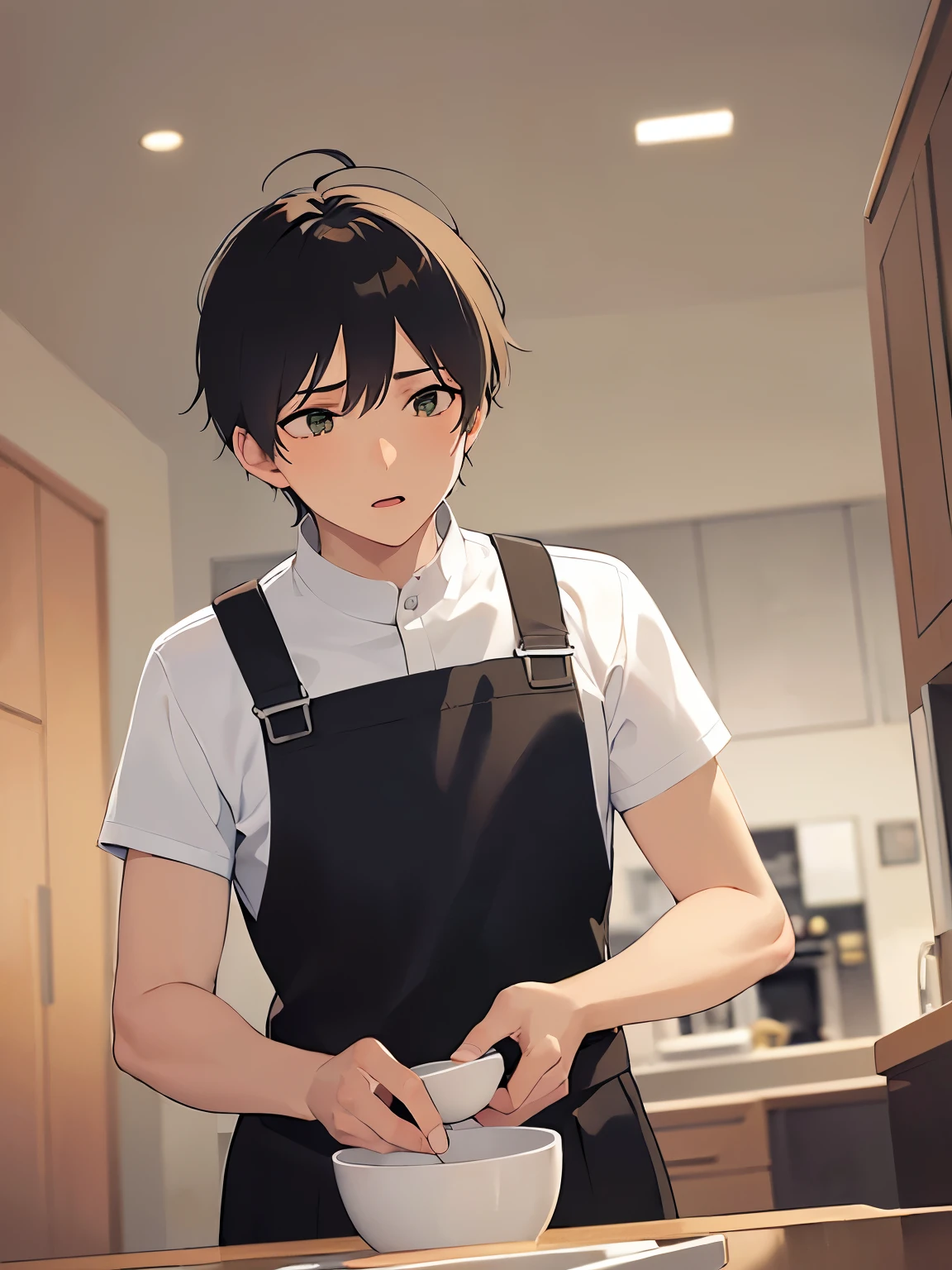 upper body,(looking away:1.5),shiny skin,masterpiece、Highest quality、(25-year-old male:1.5) and (Brown short hair) and (Green Eyes),(whiteＴshirt:1.5),The background is the living room,(alone:1.5),apron、Washing dishes,open mouth