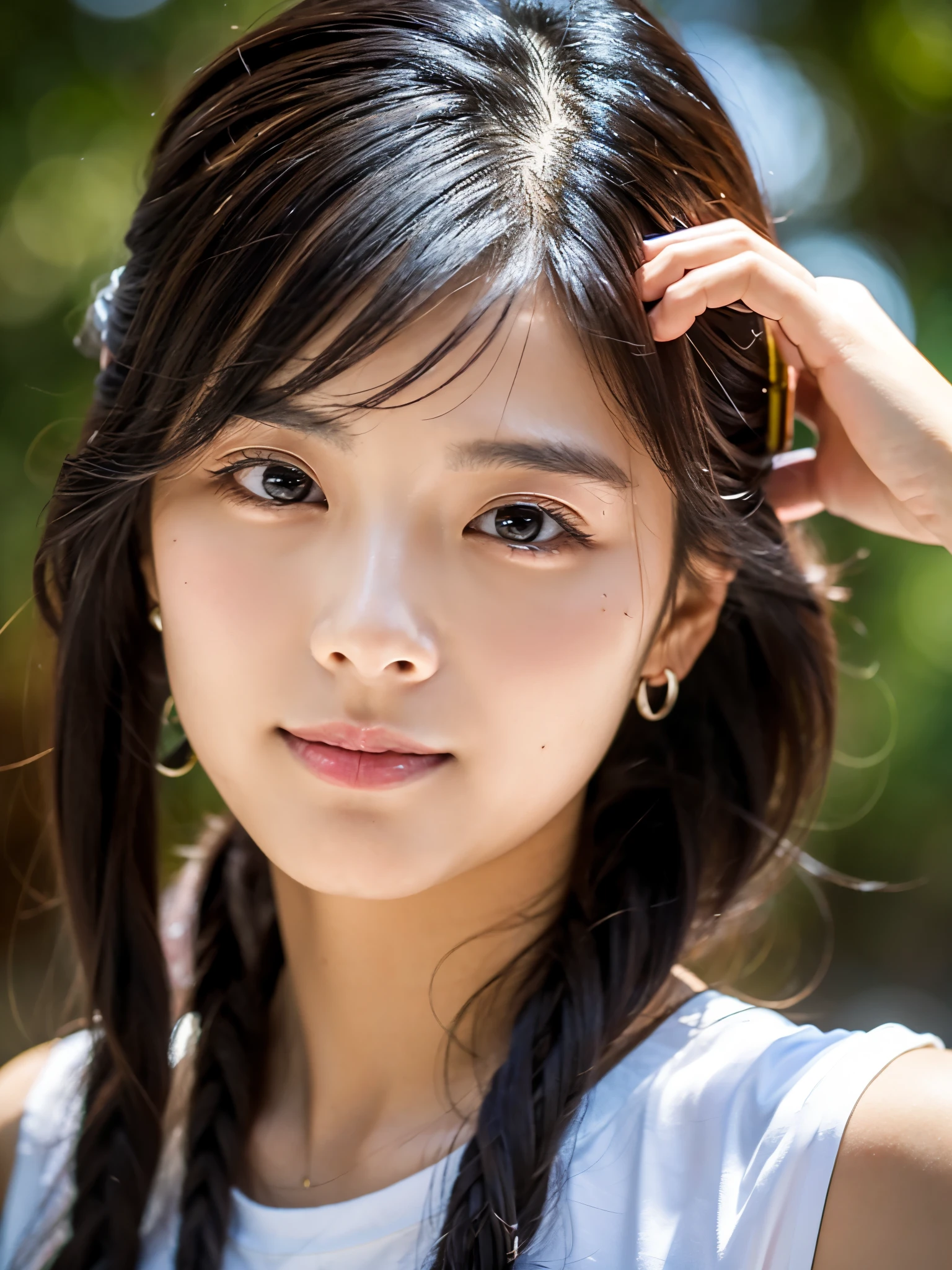 (((She's in just a bikini)))、masterpiece、超High resolution、She is very cute and young like an idol...々Cute 18 year old business woman、((Her height is as short as a junior high school student.))、Gentle and cute、A kind smile、Medium Bust、Working in an office with a business desk in a building ((He is having a conversation with a male employee wearing a suit.)). whole body、RAW Photos、Genuine、High resolution、Live Action